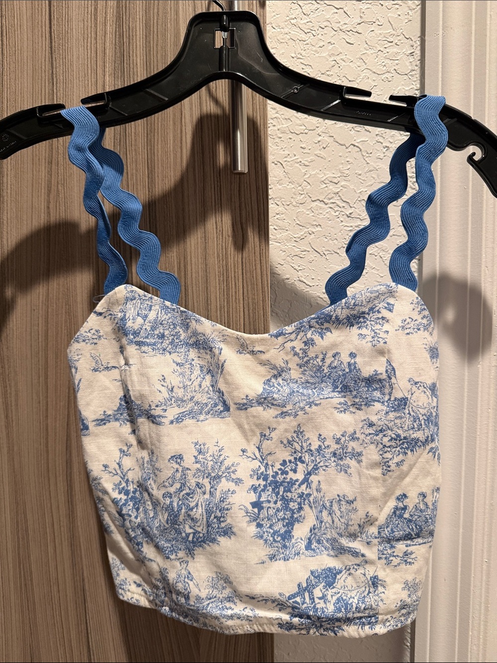 Blue Toile Crop Camisole with Decorative Wavy Straps